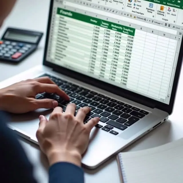 Bookkeeper entering financial data into a spreadsheet on a laptop